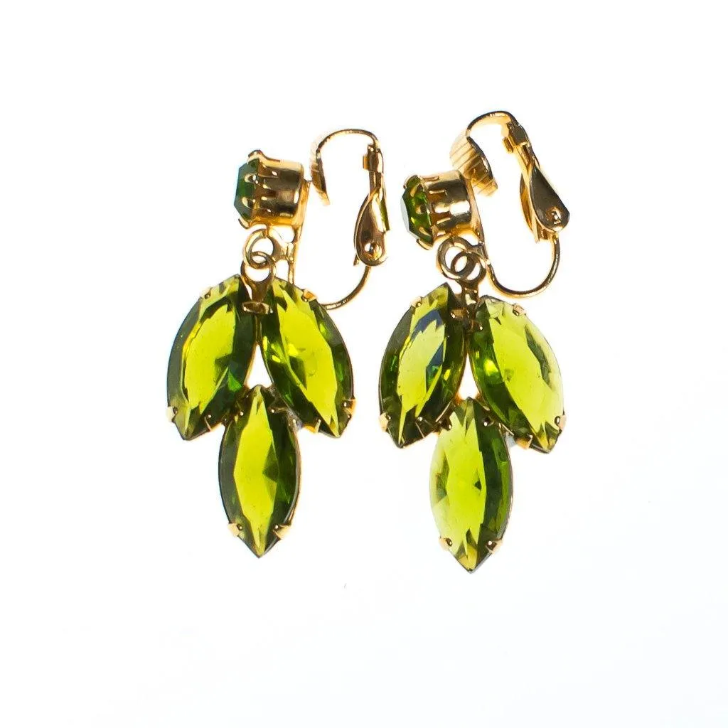 Vintage 1950s chartreuse green rhinestone dangling statement earrings
