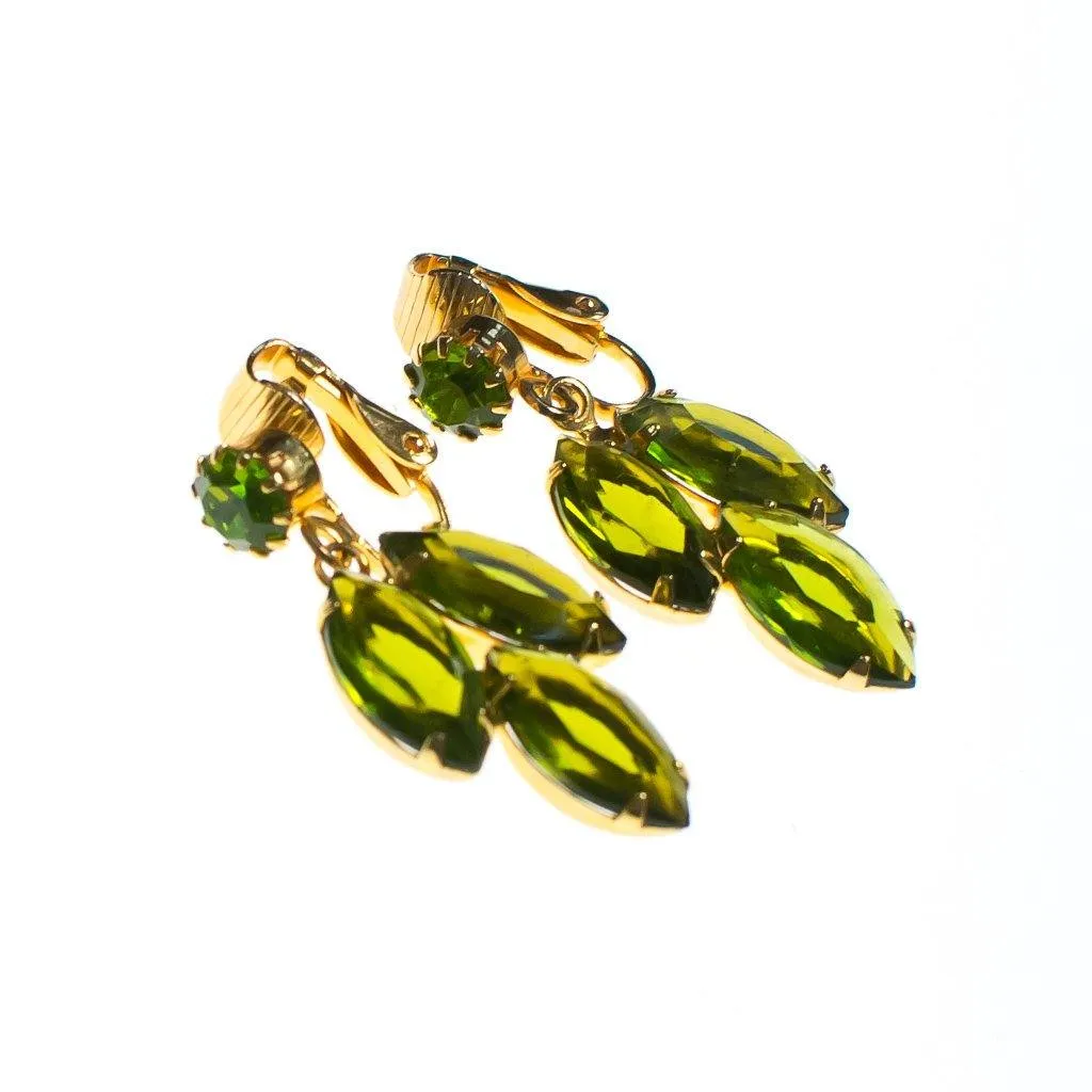 Vintage 1950s chartreuse green rhinestone dangling statement earrings