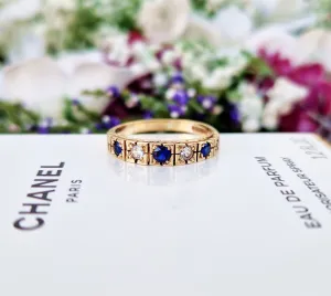 Vintage 1965 9ct Yellow Gold Blue Sapphire and Spinel 7 Stone Half Eternity Band Ring / Size N 1/2 or 7.25