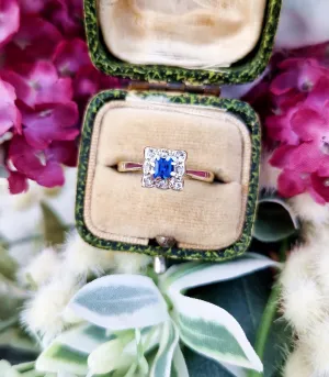 Vintage 1966 9ct Gold Square Blue and White Spinel Cluster Ring / Size M 1/2 or 6.75