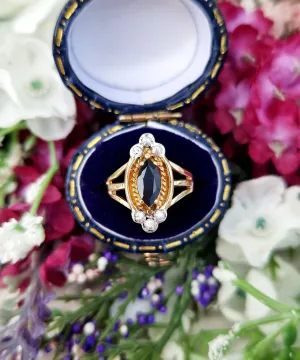 Vintage 9ct Yellow Gold Dark Sapphire and White Crystal Marquise Cluster Ring / Size J 1/2 or 5.25