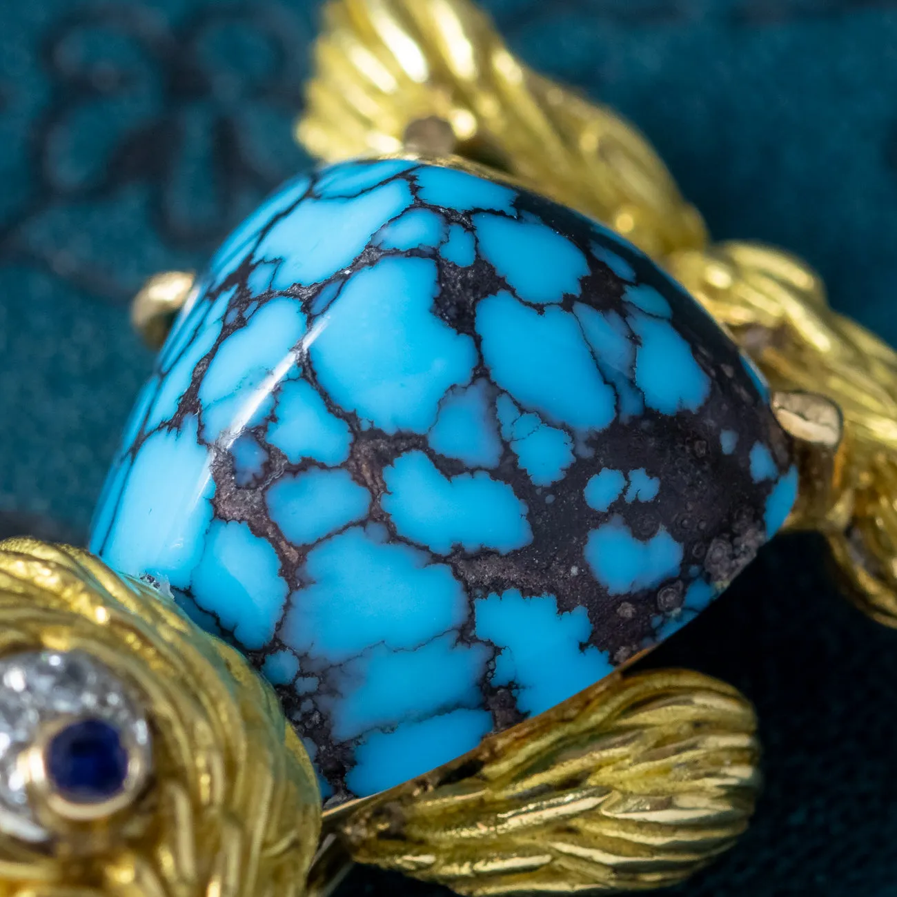 Vintage French Turquoise Diamond Sapphire Rabbit Brooch 18ct Gold