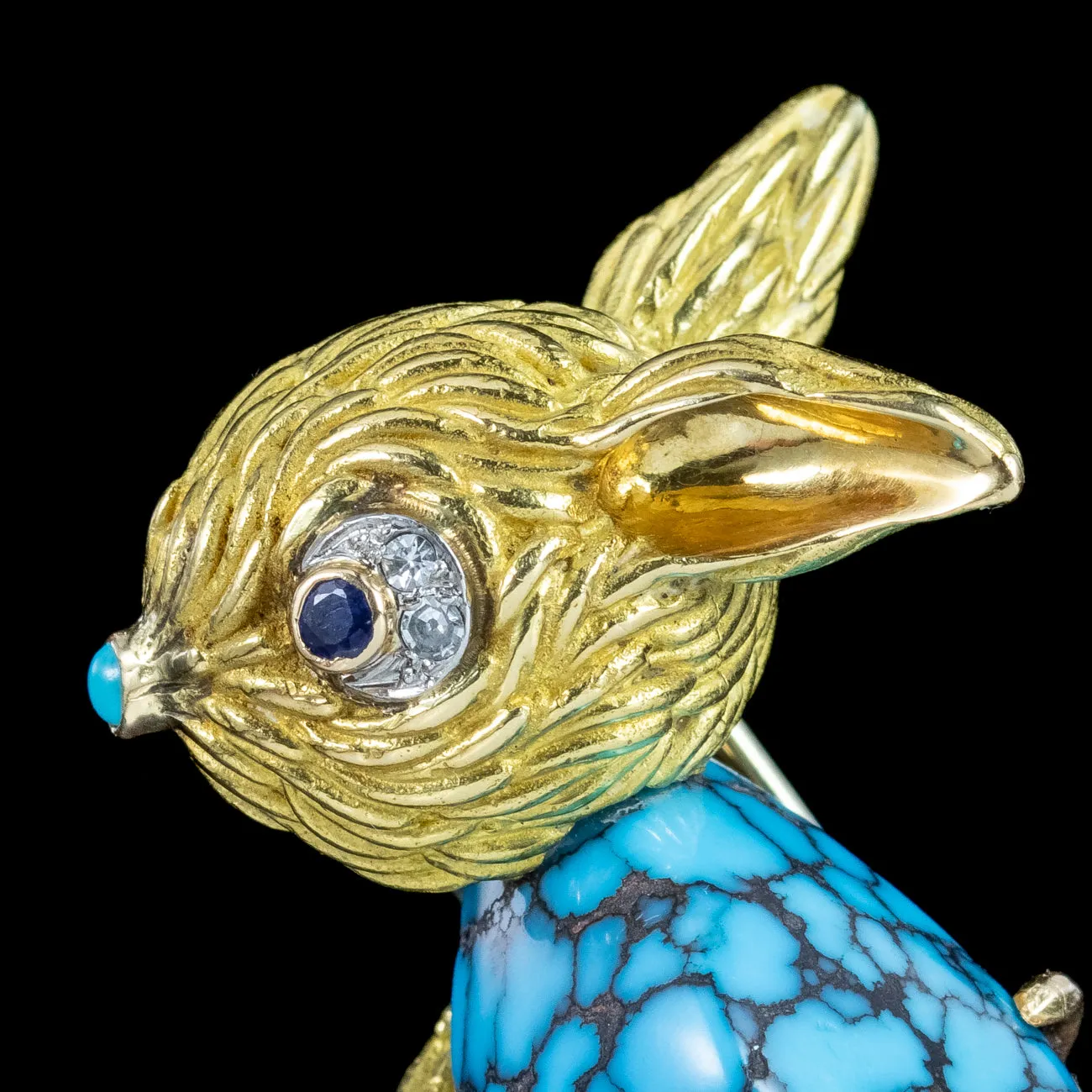 Vintage French Turquoise Diamond Sapphire Rabbit Brooch 18ct Gold