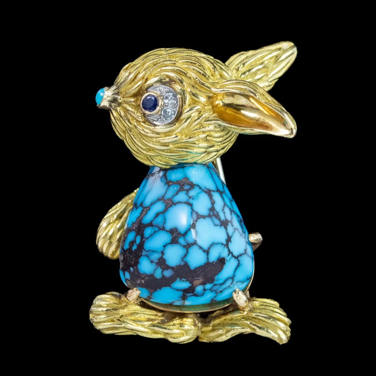Vintage French Turquoise Diamond Sapphire Rabbit Brooch 18ct Gold
