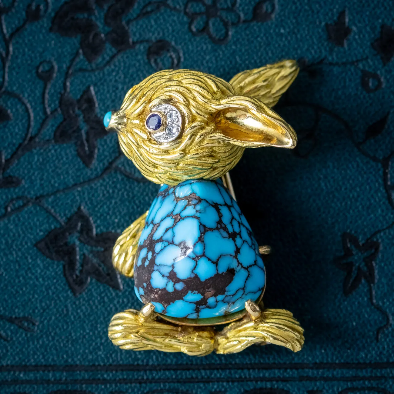 Vintage French Turquoise Diamond Sapphire Rabbit Brooch 18ct Gold