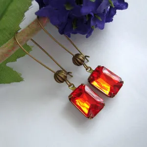Vintage Hyacinth Faceted Crystal in Antiqued Brass Prong Setting Earrings
