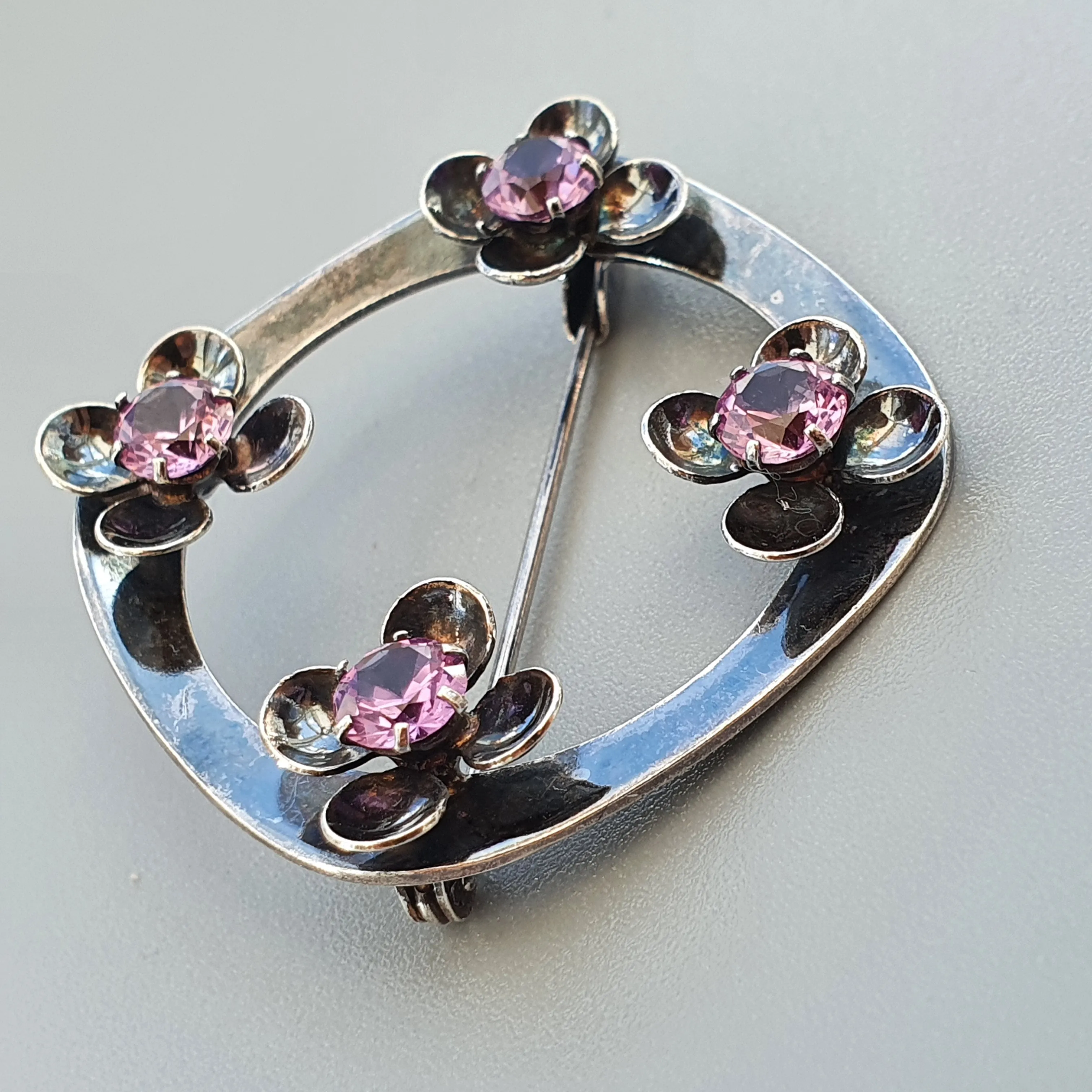 Vintage Modernist Silver & Lab-Created Pink Sapphire Flower Brooch by Kultaseppa Salovaara 1968