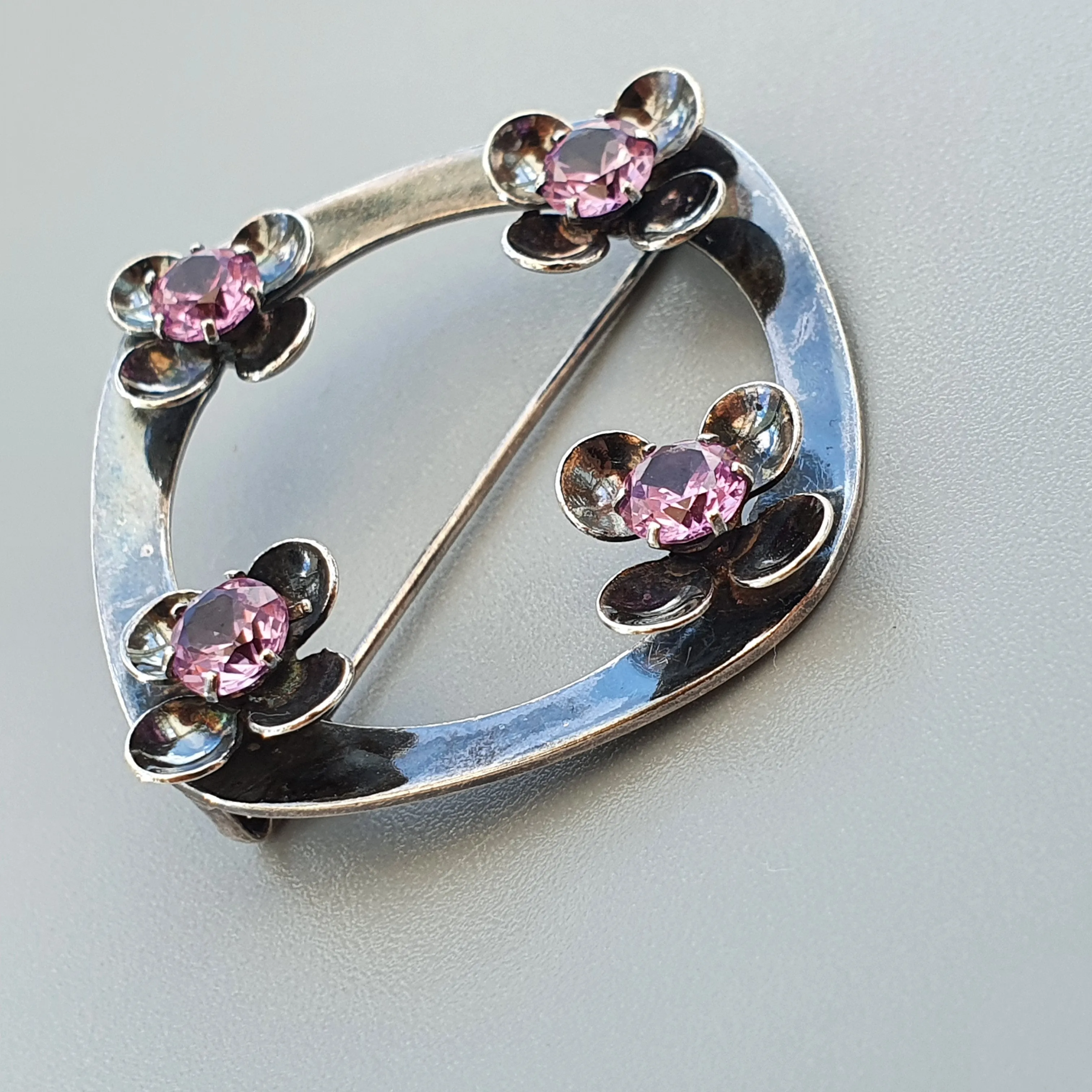 Vintage Modernist Silver & Lab-Created Pink Sapphire Flower Brooch by Kultaseppa Salovaara 1968