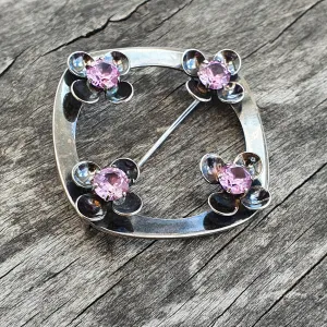 Vintage Modernist Silver & Lab-Created Pink Sapphire Flower Brooch by Kultaseppa Salovaara 1968