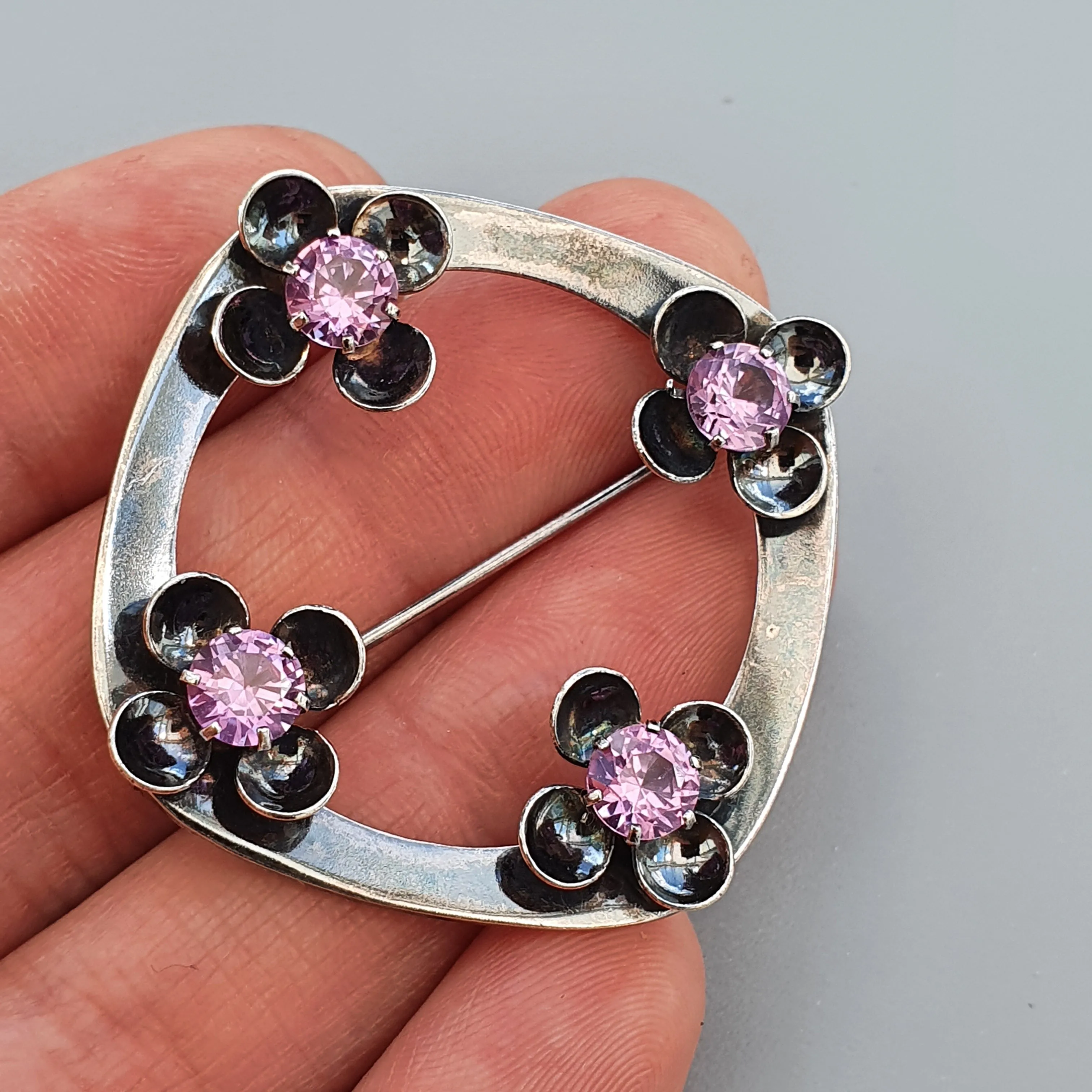 Vintage Modernist Silver & Lab-Created Pink Sapphire Flower Brooch by Kultaseppa Salovaara 1968