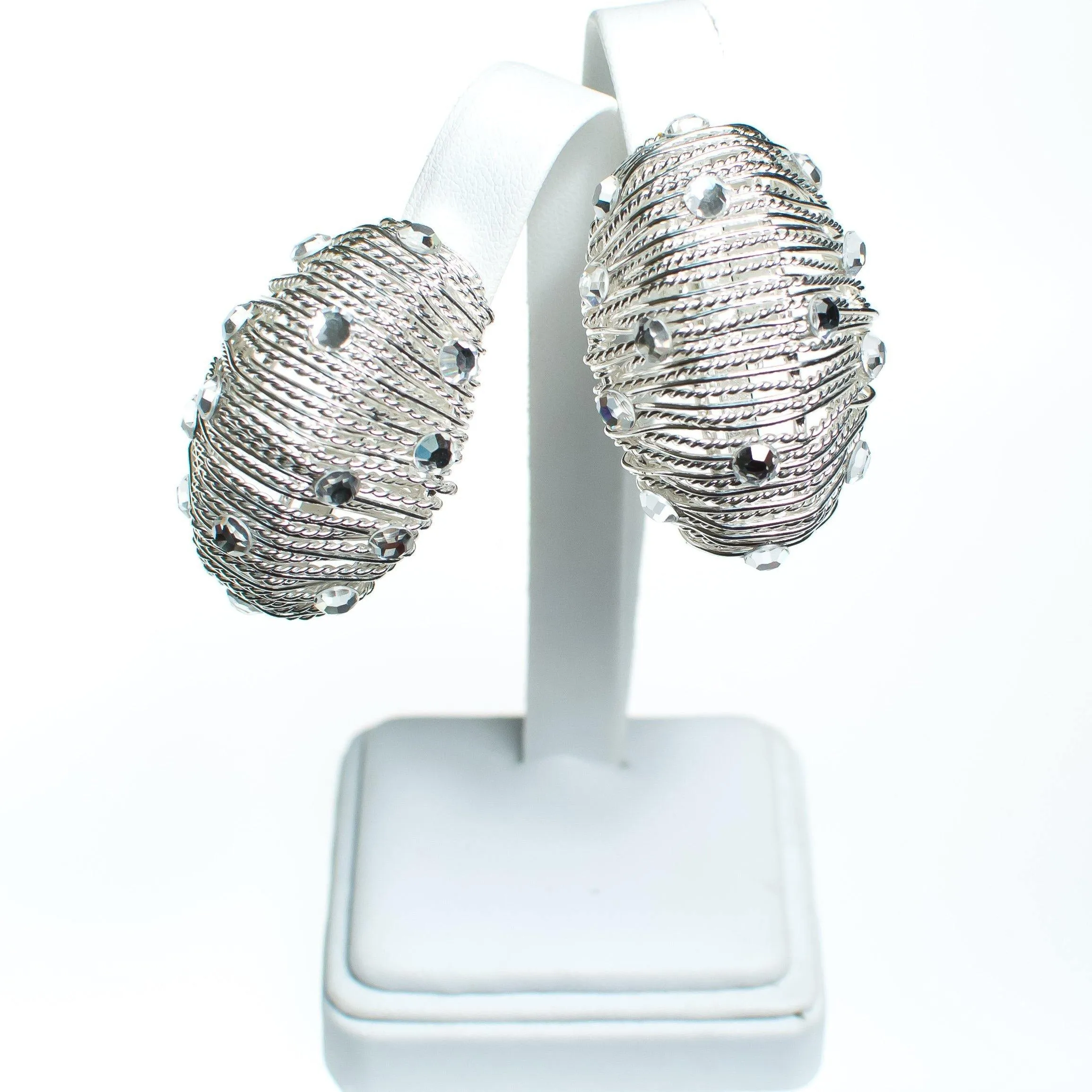 Vintage Modernist Wired Silver Statement Earrings with Sequin Crystals