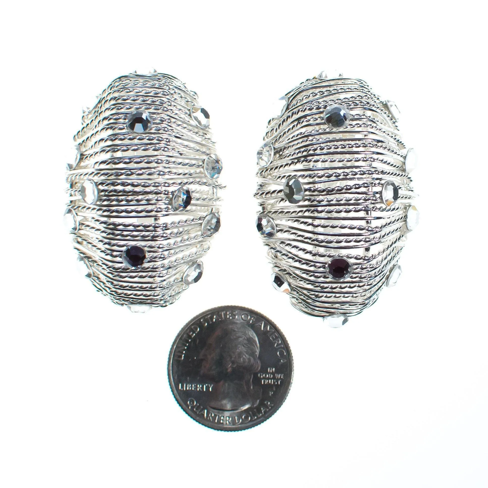 Vintage Modernist Wired Silver Statement Earrings with Sequin Crystals