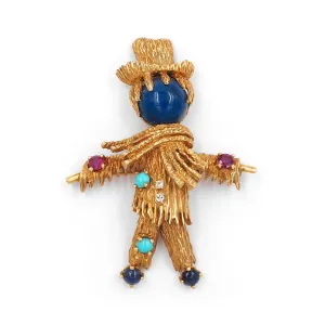 Vintage Multi-Gemstone Scarecrow Brooch