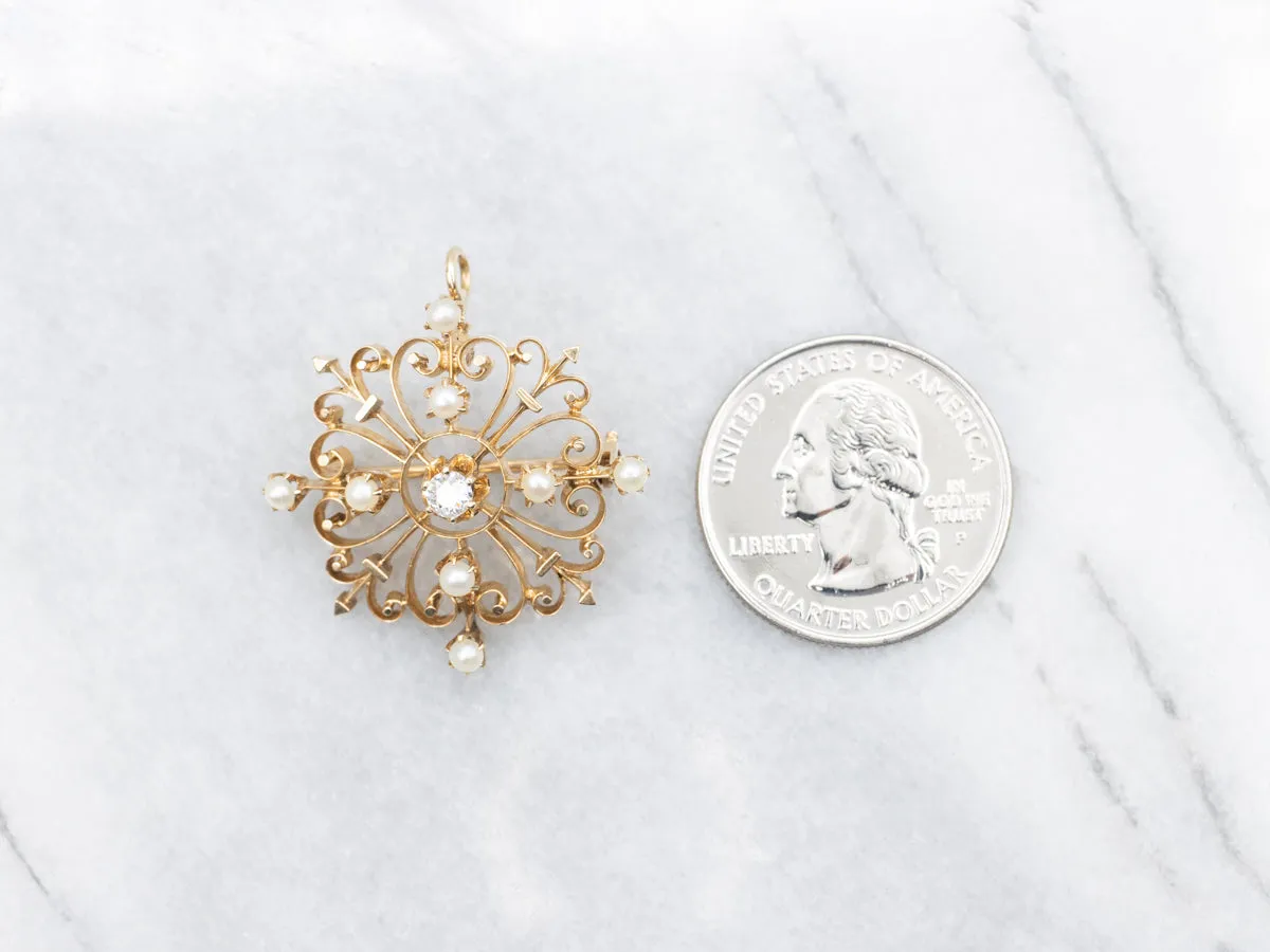 Vintage Old Mine Cut Diamond and Seed Pearl Brooch or Pendant
