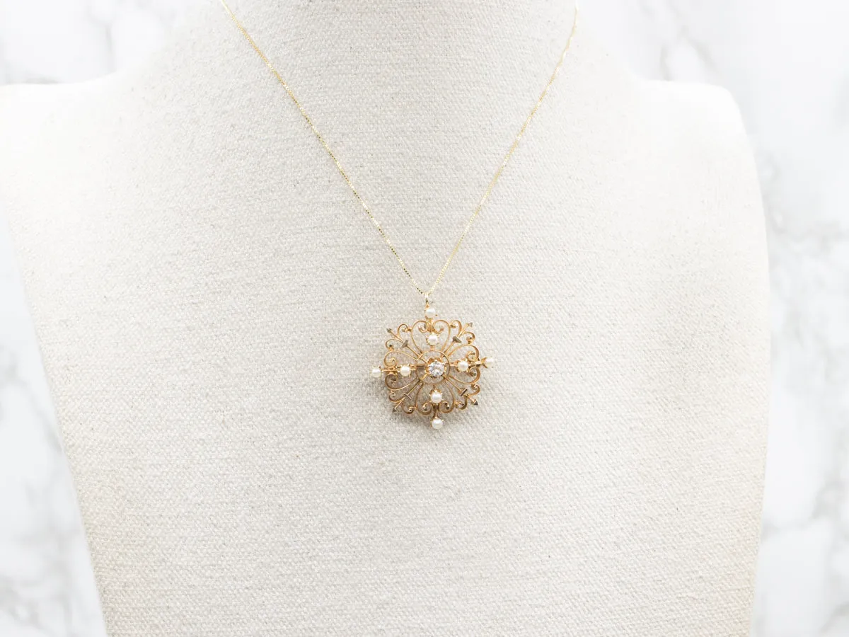 Vintage Old Mine Cut Diamond and Seed Pearl Brooch or Pendant