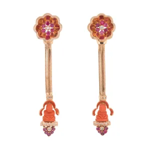 Vintage Retro Buddha Earrings Coral Ruby Diamond 14k Rose Gold Jewelry 3.5"