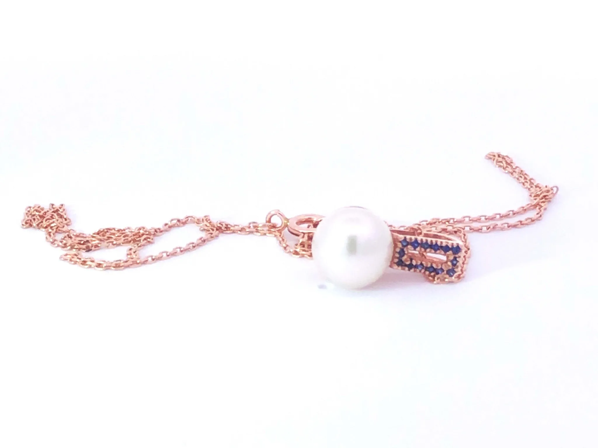 White Pearl & Sapphire Pendant With Chain in 14k Rose Gold
