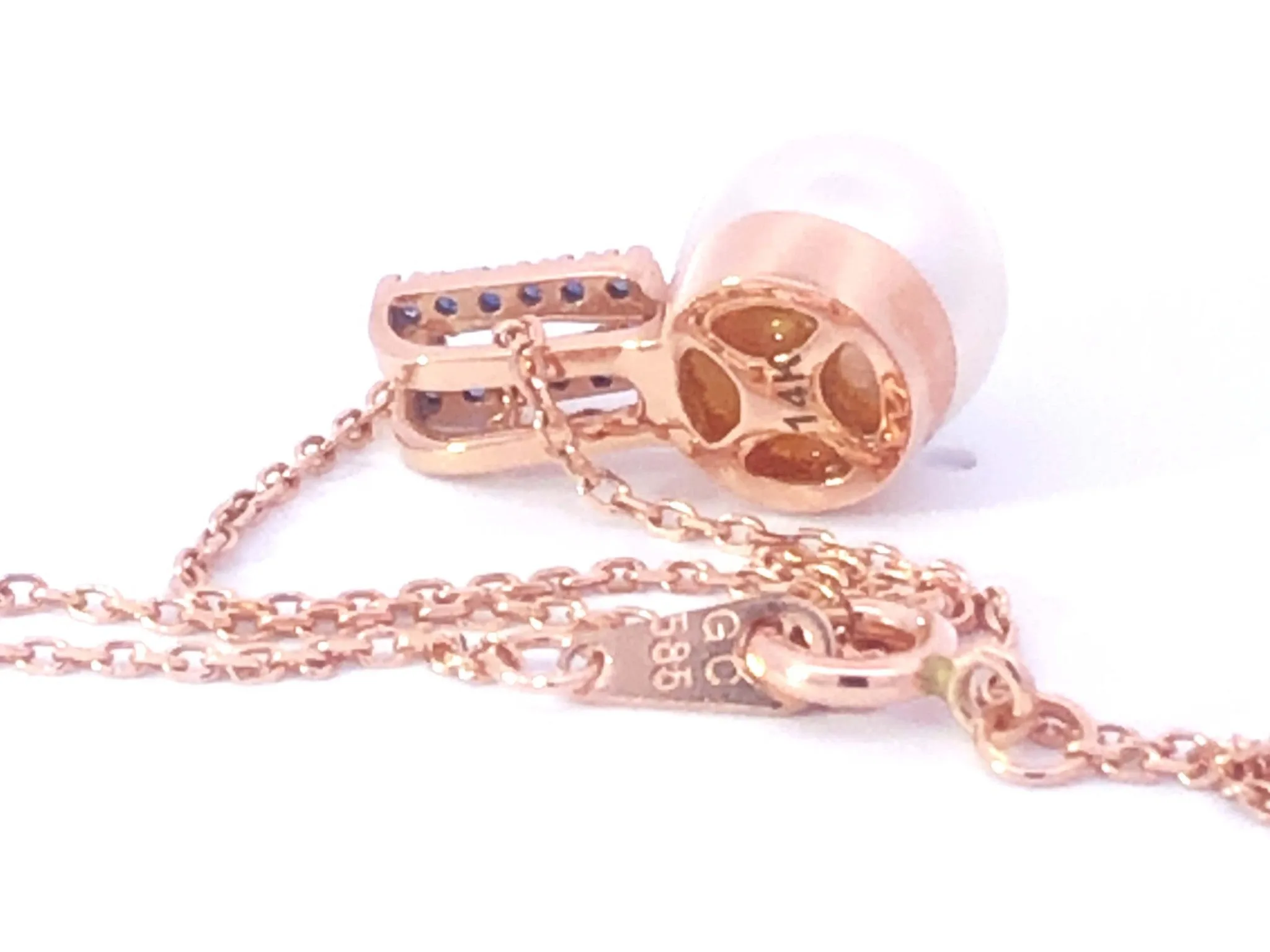 White Pearl & Sapphire Pendant With Chain in 14k Rose Gold