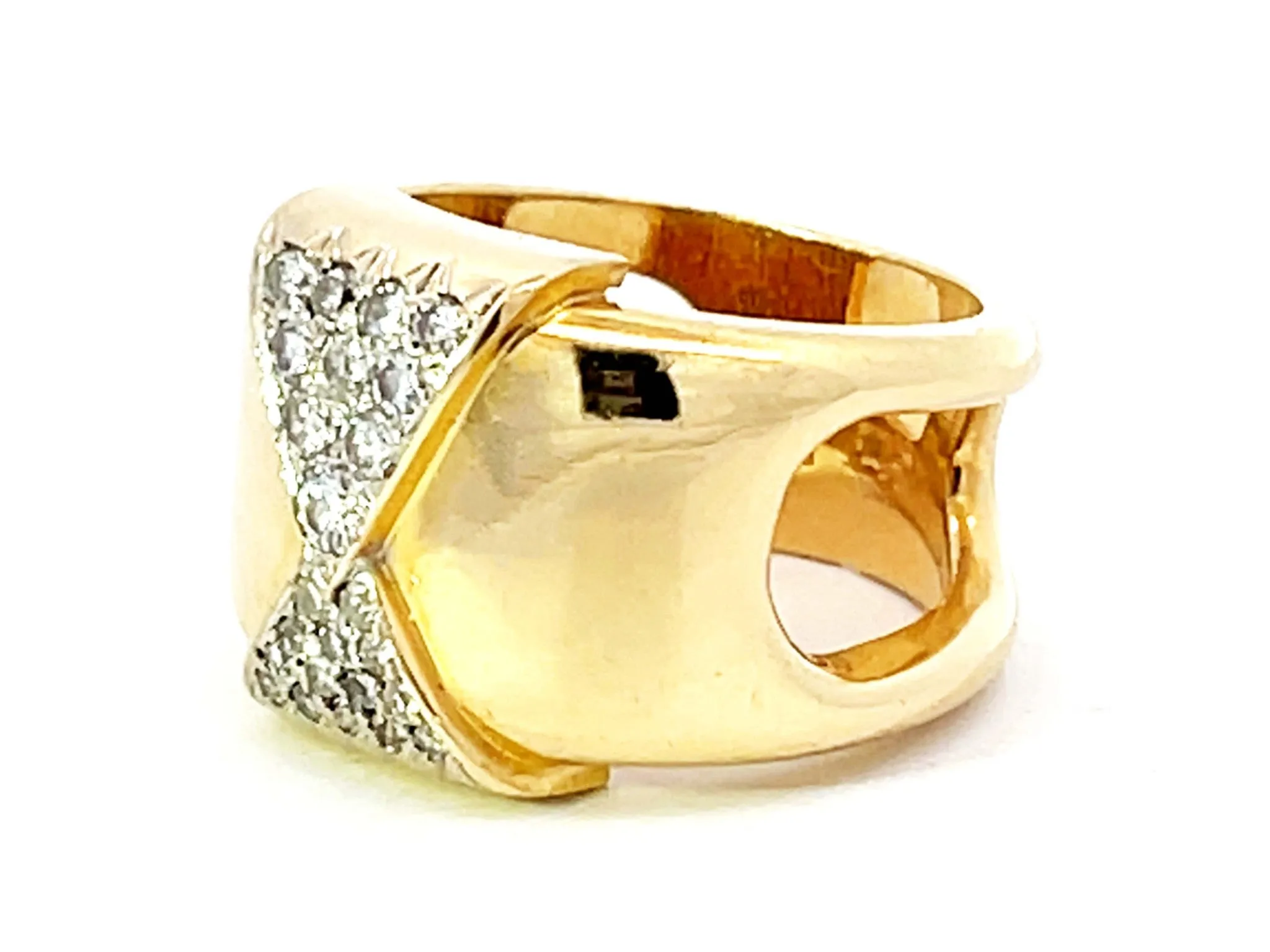 Wide Band Diamond Ring with Cutout Shoulders in 18k Yellow Gold