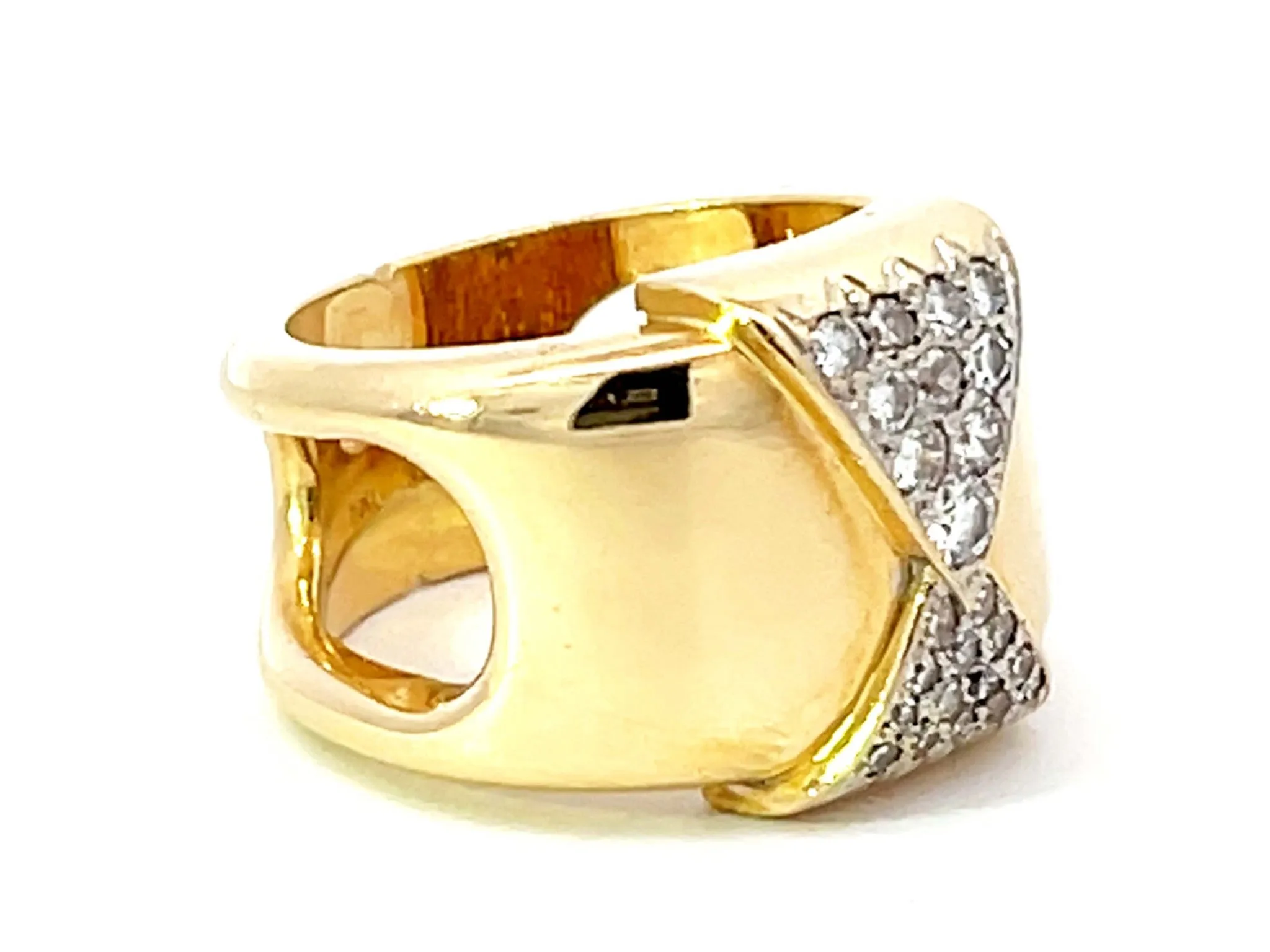 Wide Band Diamond Ring with Cutout Shoulders in 18k Yellow Gold