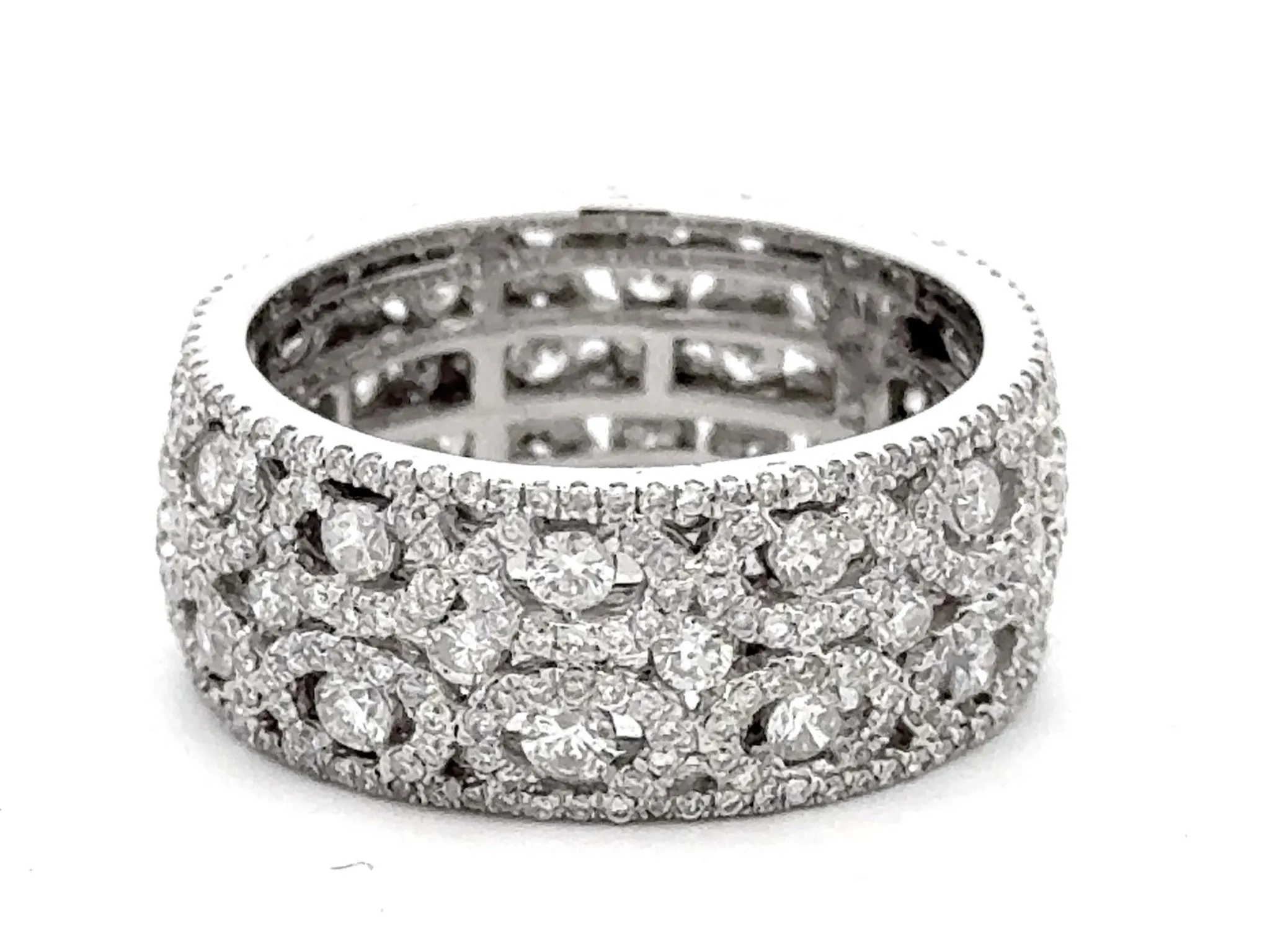 Wide Diamond Band Ring with Diamond Halo Swirls 18k White Gold