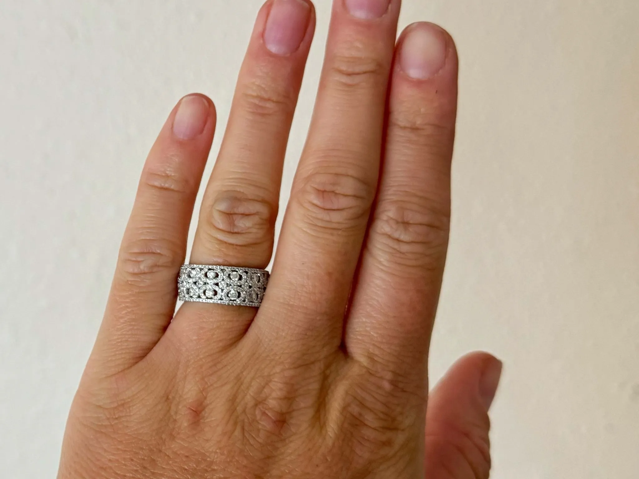 Wide Diamond Band Ring with Diamond Halo Swirls 18k White Gold