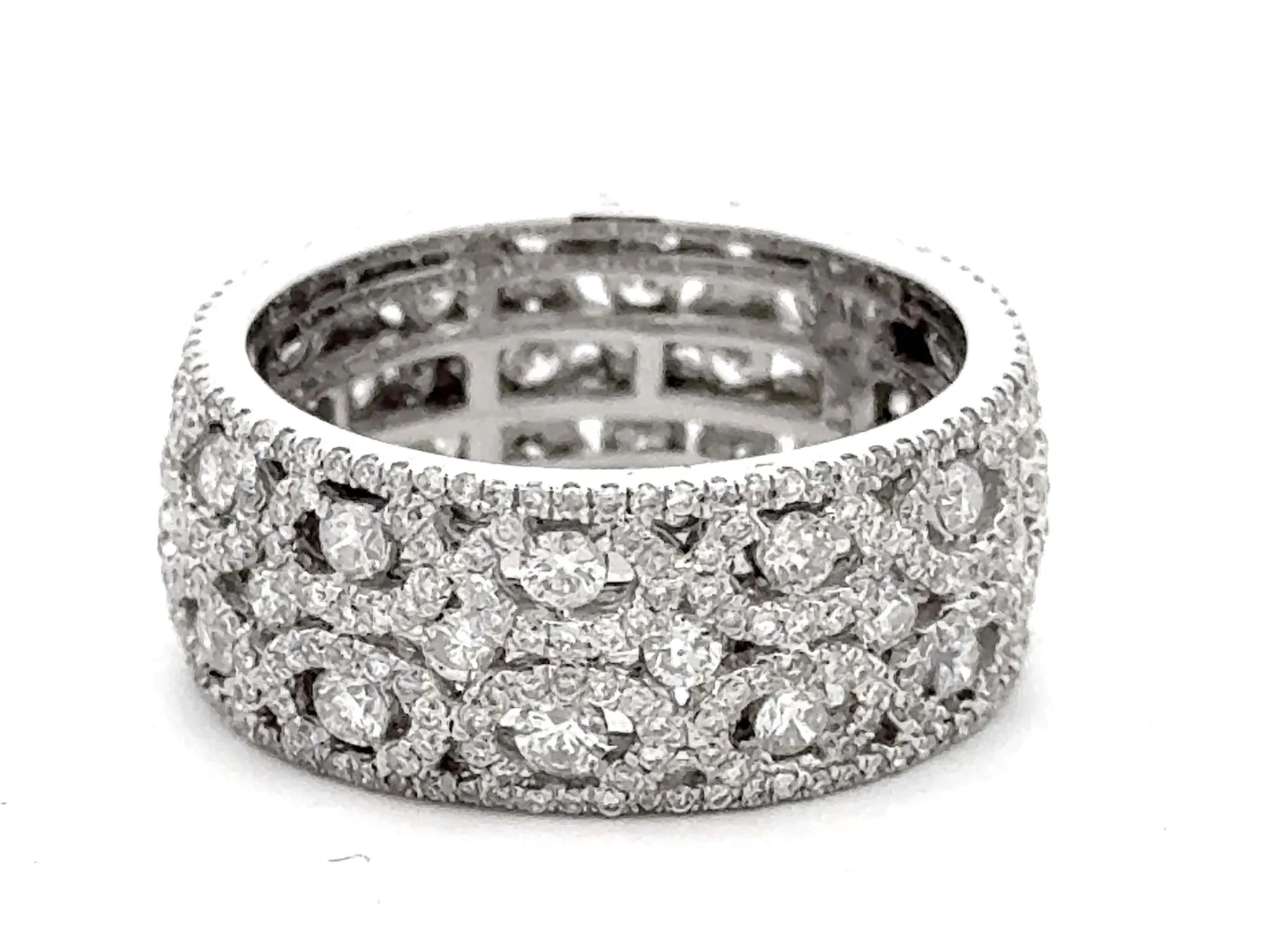 Wide Diamond Band Ring with Diamond Halo Swirls 18k White Gold