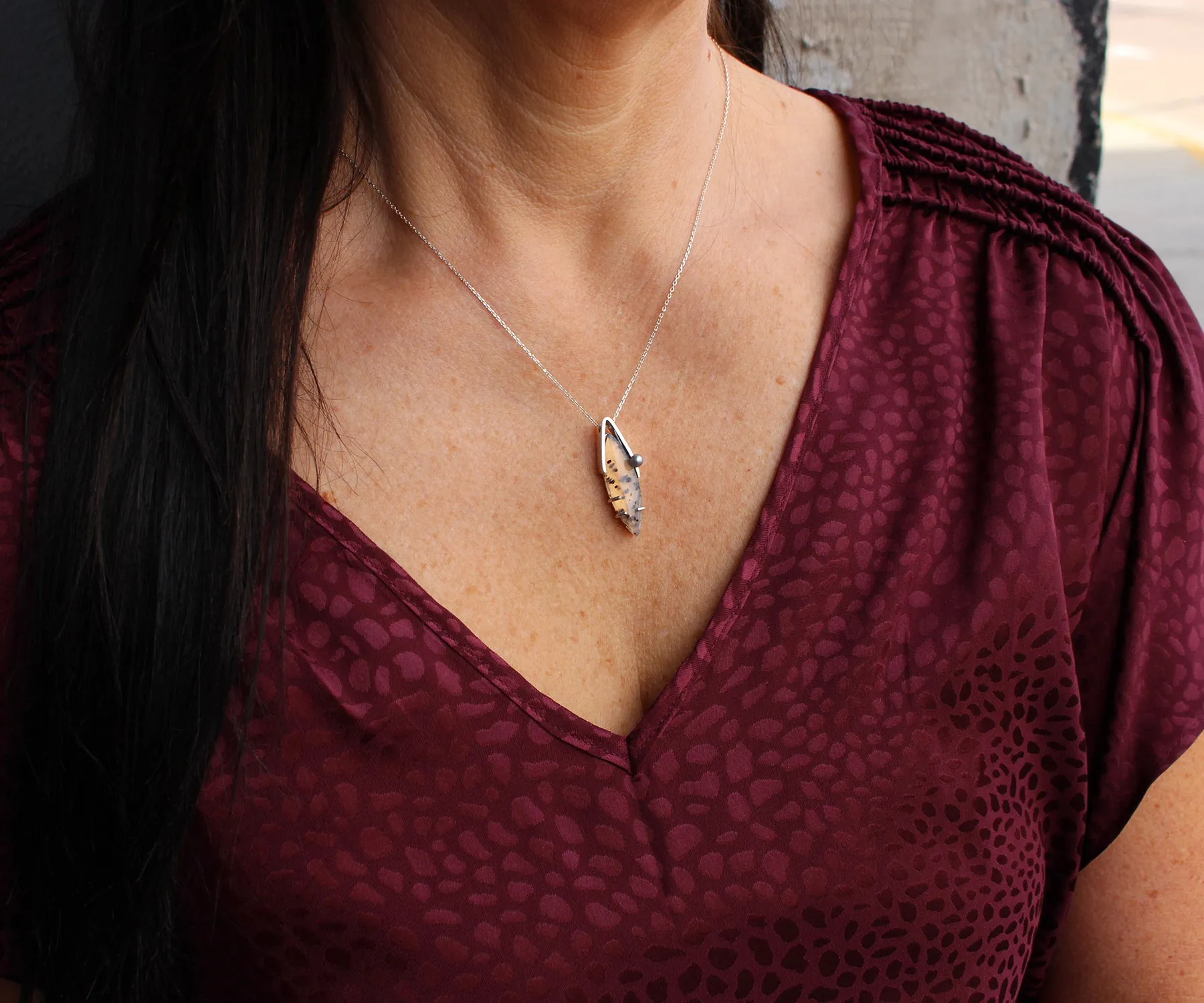 Wild Cat Spotted Montana Agate Marquise Pearl Necklace