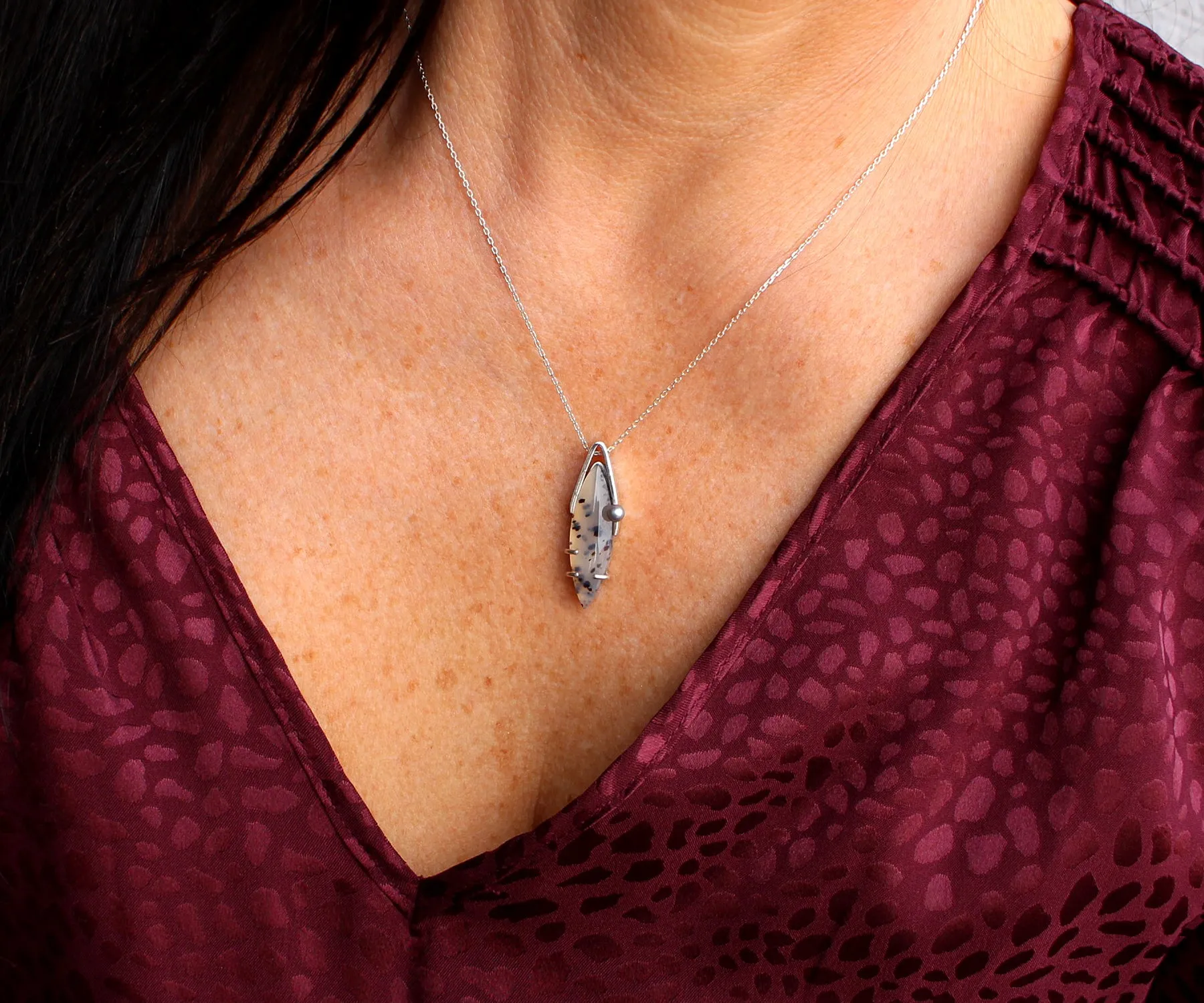 Wild Cat Spotted Montana Agate Marquise Pearl Necklace