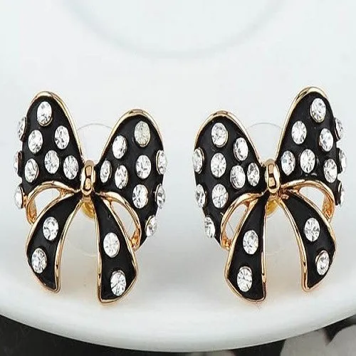 Womens Black Bowknot Earrings Enamel Stud 18K Rose Gold Plate Austrian Crystal
