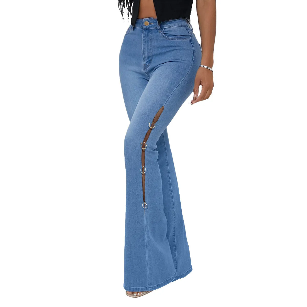 Women's High Waist Jeans with Cutouts and Metal Rings