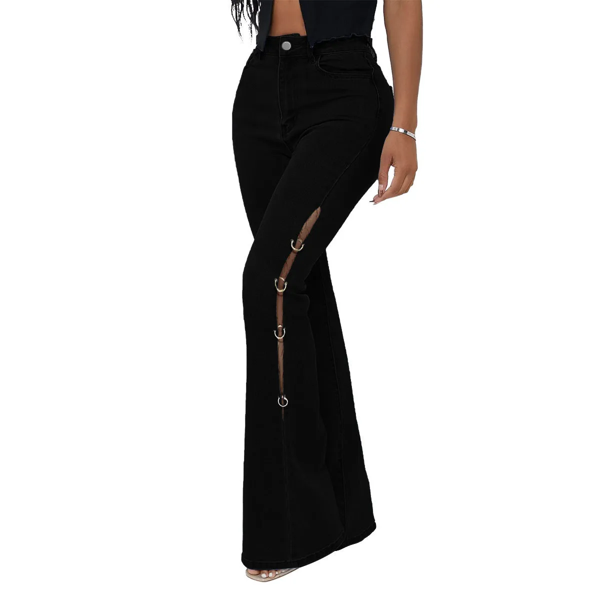 Women's High Waist Jeans with Cutouts and Metal Rings