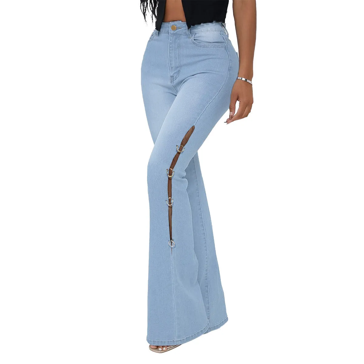 Women's High Waist Jeans with Cutouts and Metal Rings
