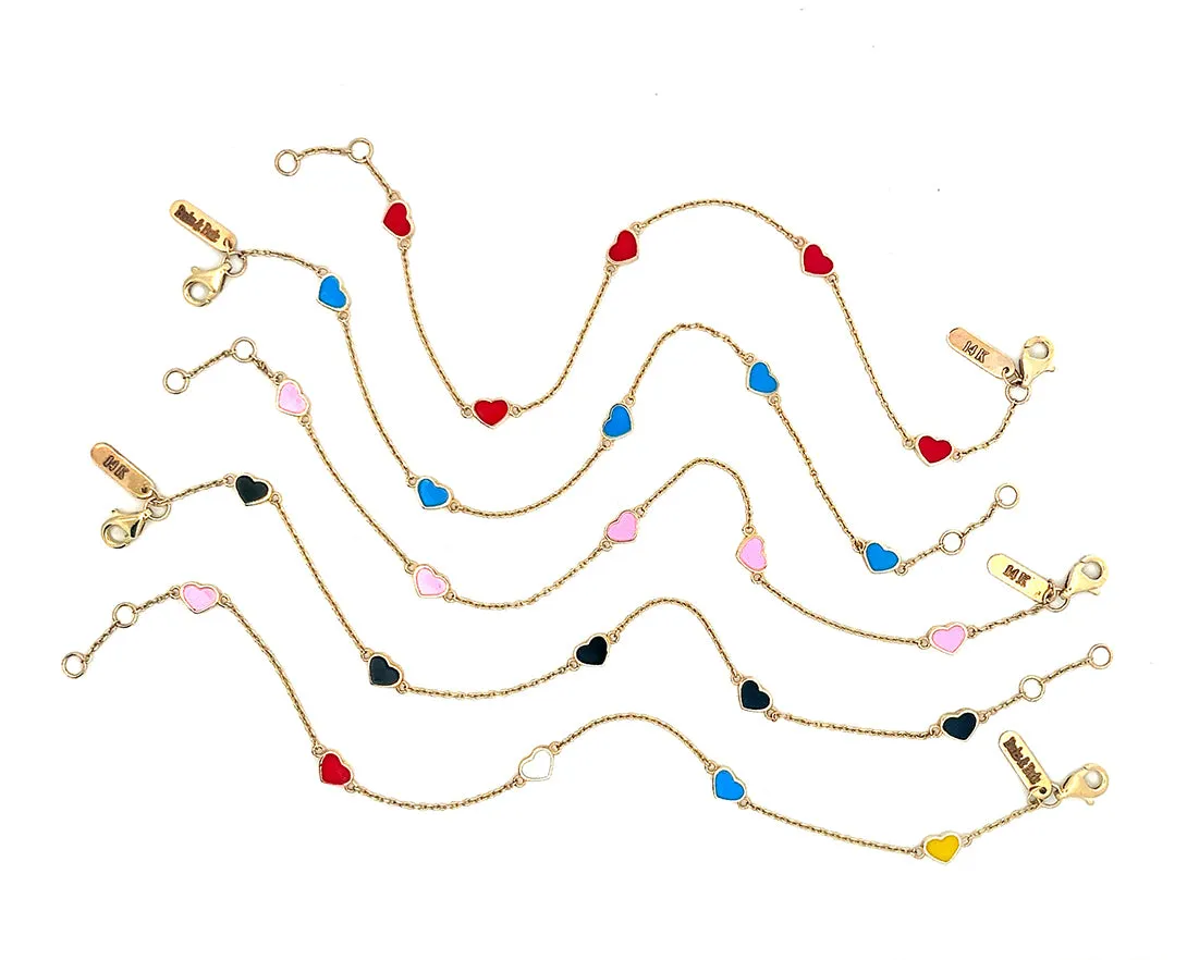 Yellow gold bracelets with 5 enamel hearts